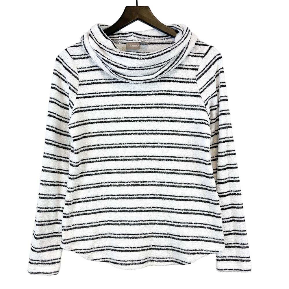 Chico’s Size 0 Small Textured Stripe Lightweight Cowl Neck Sweater White Black